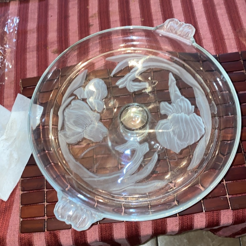 Round Glass Orchid Serving Cake Platter Etched 12" Ear Handle & Cloche 11" Dome - Picture 4 of 5